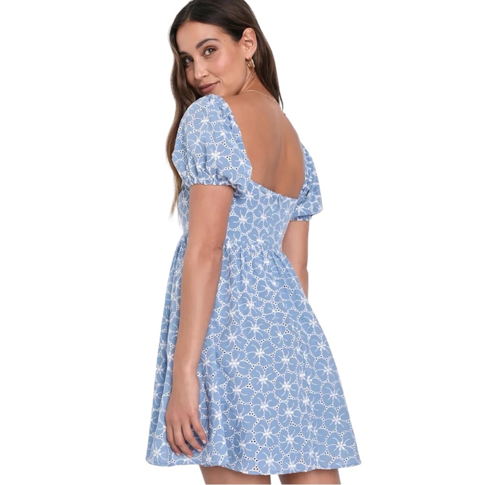 Lulus Fit to Frolic Blue Eyelet Lace Puff Sleeve Babydoll Dress New - Picture 3 of 4